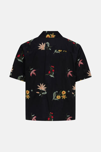 Zwart overhemd met korte mouwen van ONLY & SONS® met kleurrijke bloemen- en bladerenborduurdetails, rugaanzicht.