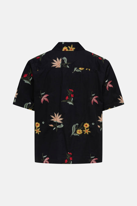 Zwart overhemd met korte mouwen van ONLY & SONS® met kleurrijke bloemen- en bladerenborduurdetails, rugaanzicht.