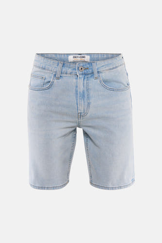 Short en jean bleu clair ONLY & SONS® avec fermeture à boutons, passants de ceinture et poches avant.