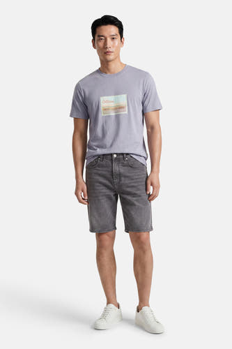 Short en jean gris clair de ONLY & SONS® avec un aspect délavé, porté avec un t-shirt violet et des baskets blanches.
