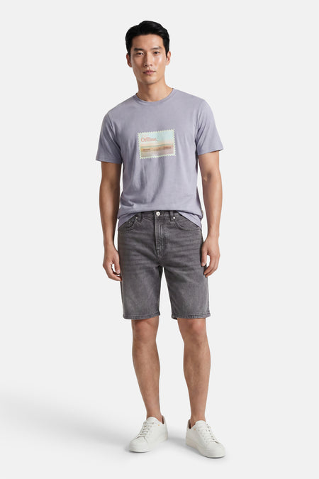 Lichtgrijze denim short van ONLY & SONS® met een vervaagde look, gedragen met een paars T-shirt en witte sneakers.