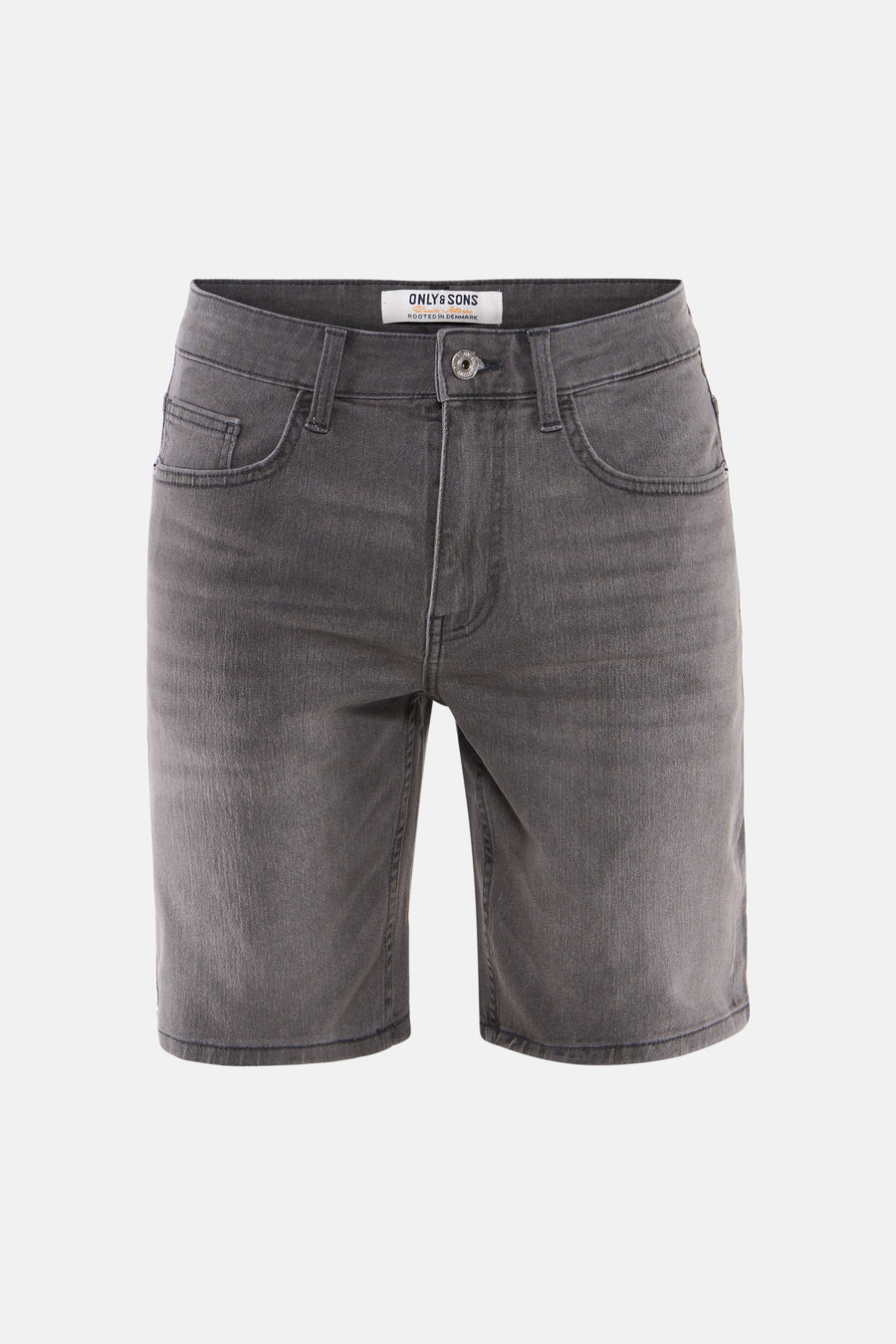 Short en jean gris clair de ONLY & SONS® avec style cinq poches, fermeture à glissière et bouton.