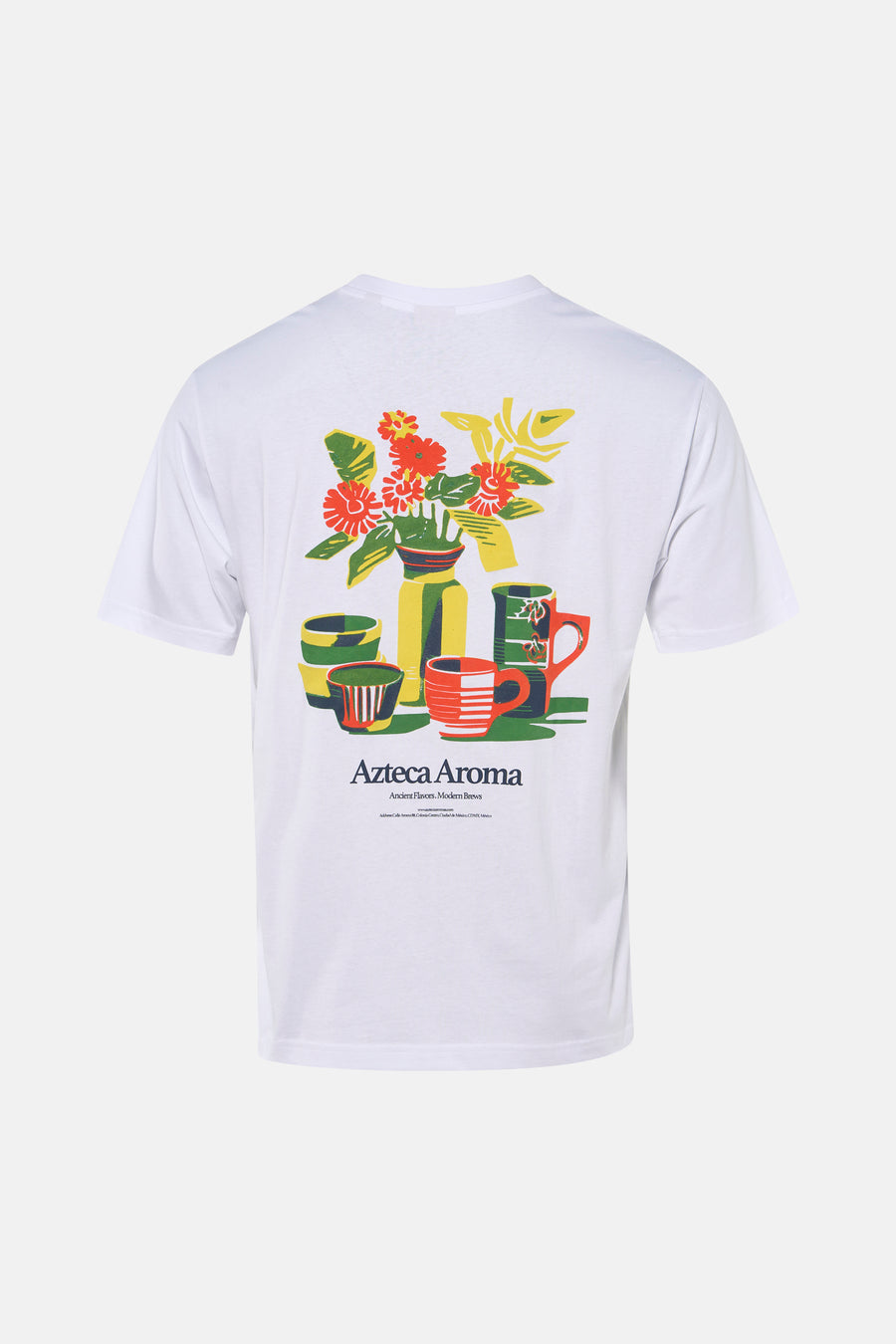 Wit T-shirt met korte mouwen van ONLY & SONS®, met een kleurrijke print van bloemen en kopjes op de rug.
