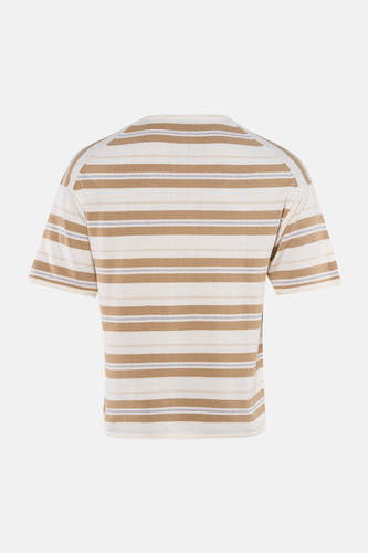 Multicolor T-shirt van ONLY & SONS® met korte mouwen en horizontale strepen in crème, bruin en grijs, achteraanzicht.