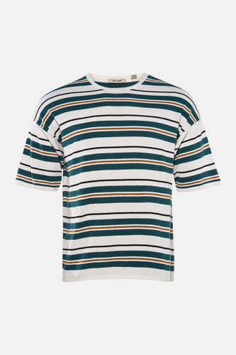 Gestreept T-shirt van ONLY & SONS met brede witte en groene banen, afgewisseld met dunne bruine en zwarte strepen, en een ronde hals.