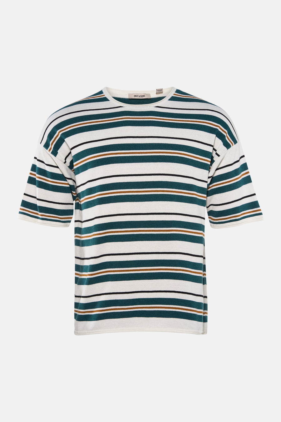 Gestreept T-shirt van ONLY & SONS met brede witte en groene banen, afgewisseld met dunne bruine en zwarte strepen, en een ronde hals.
