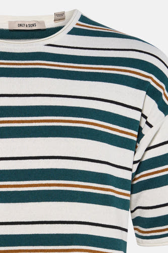 Gestreepte T-shirt in wit en donkergroen van ONLY & SONS, met bruine en zwarte accentstrepen en korte mouwen.