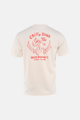 Ecru T-shirt met korte mouwen van ONLY & SONS®, met rode "Chilly Dogs" print op de achterkant.
