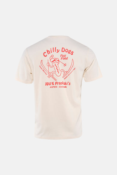 Ecru T-shirt met korte mouwen van ONLY & SONS®, met rode "Chilly Dogs" print op de achterkant.
