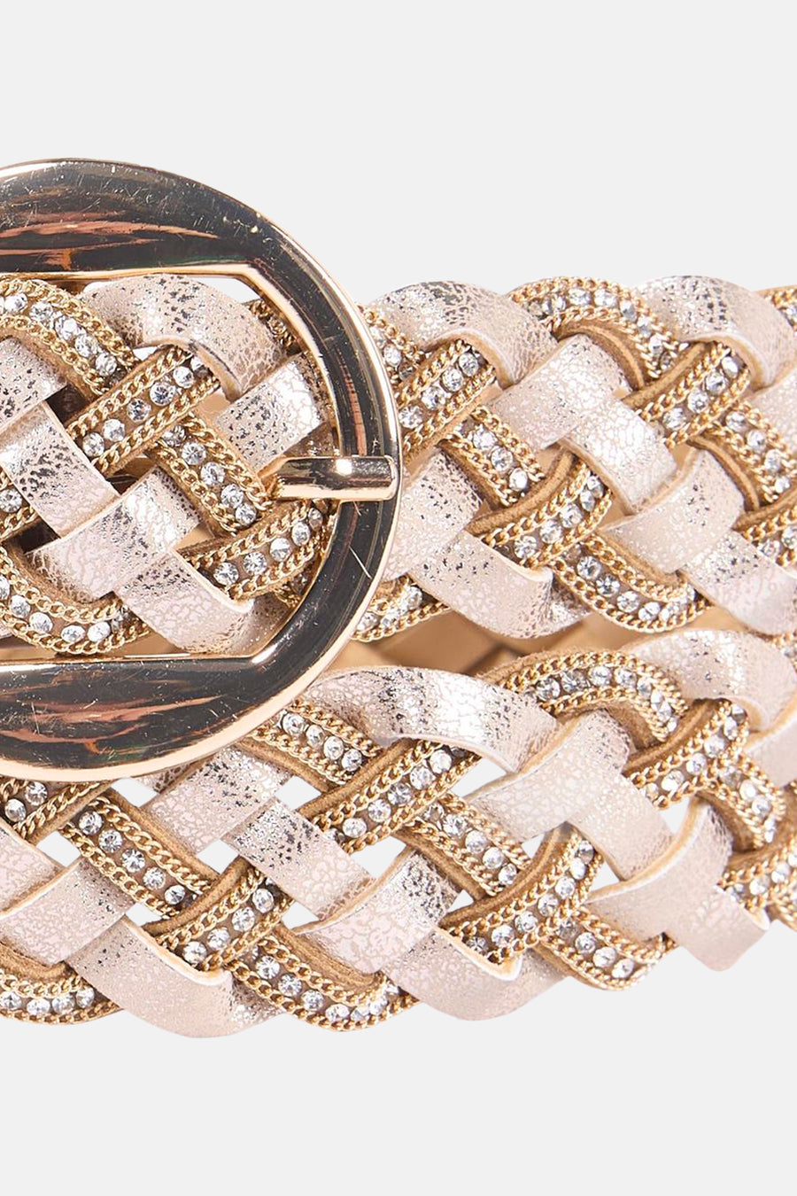 Gouden riem van Morgan De Toi met gevlochten design, strass stenen en gouden details.
