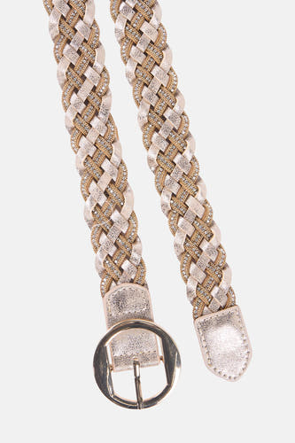 Gouden riem van Morgan De Toi, met een gevlochten patroon, strass details en een gouden gesp.
