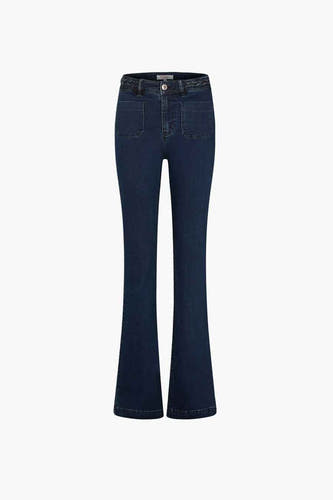 Donkerblauwe bootcut jeans van Morgan De Toi, met opgestikte zakken en een gevlochten tailleband.
