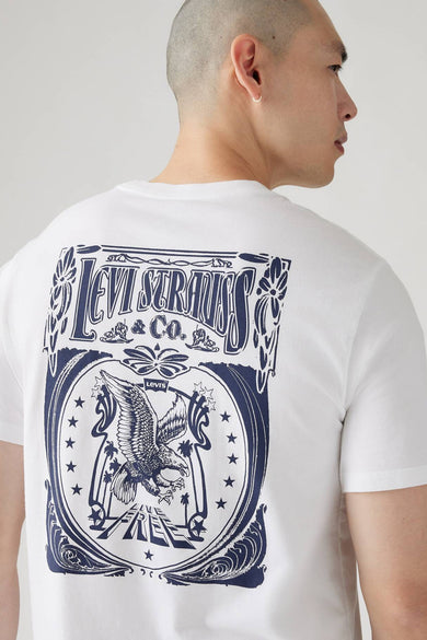 T-shirt blanc à manches courtes de Levi's®, avec une grande impression bleue sur le dos.