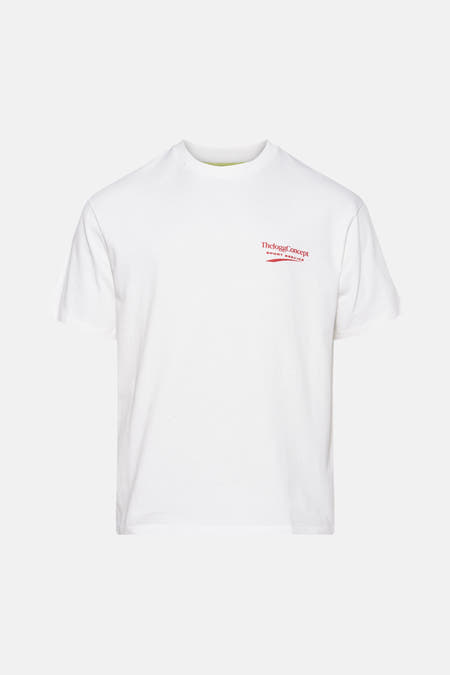 T-shirt blanc à manches courtes de THEJOGGCONCEPT avec logo rouge imprimé.