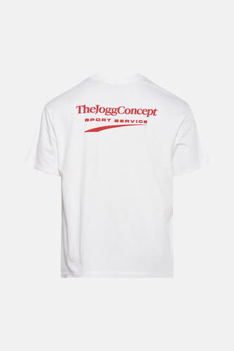 Wit T-shirt met korte mouwen van THEJOGGCONCEPT, met rode opdruk op de rug.
