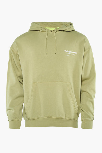 Groene sweater met kap van THEJOGGCONCEPT, met een buidelzak en witte tekst op de borst.