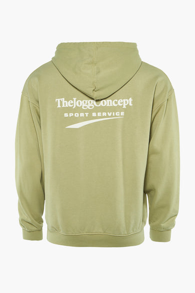 Groene sweater met kap van THEJOGGCONCEPT, met witte logo-opdruk op de achterkant.