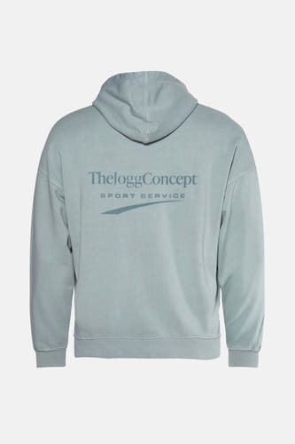 Pull-over bleu avec capuche de THEJOGGCONCEPT, portant l'inscription "THEJOGGCONCEPT" et un élément graphique sur le dos.