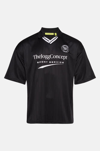 Zwart T-shirt met korte mouwen van THEJOGGCONCEPT, met verticale strepen en een logo op de borst.