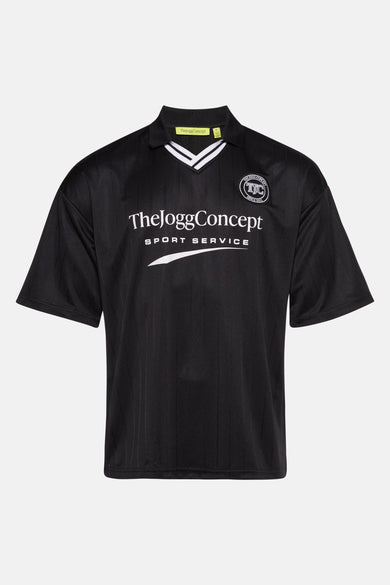 T-shirt noir à manches courtes de THEJOGGCONCEPT, avec des détails blancs sur la en et le logo.