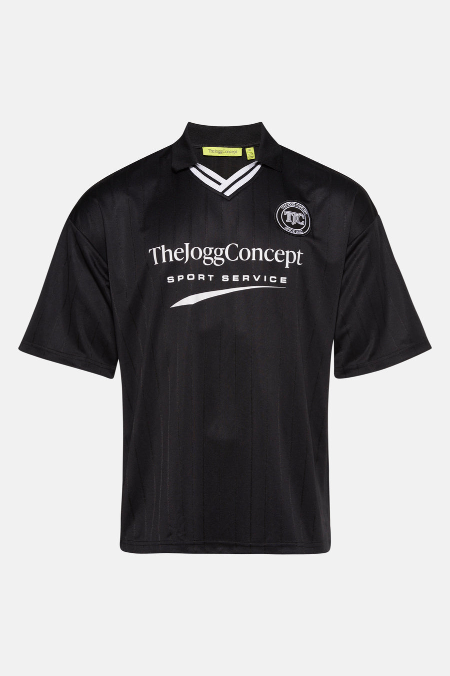 Zwart T-shirt met korte mouwen van THEJOGGCONCEPT, met verticale strepen en een logo op de borst.