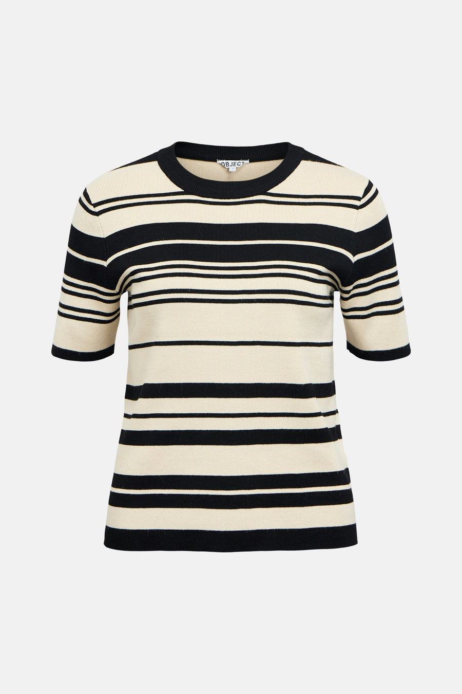 Pull multicolore à col rond de OBJECT, avec des rayures horizontales noires et crème.