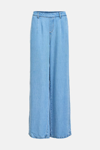 Lichtblauwe denim broek van OBJECT met wijde pijpen en elastische tailleband.
