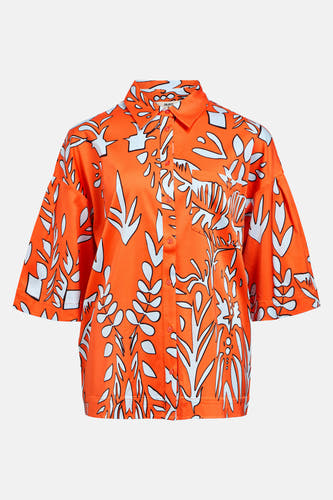 Oranje overhemd met korte mouwen van OBJECT, met witte bladmotieven en knoopsluiting.
