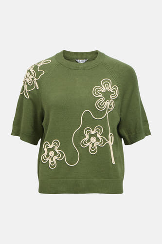 Groene ronde hals trui met witte bloemen borduurwerk van OBJECT, korte mouwen, voorzijde weergave