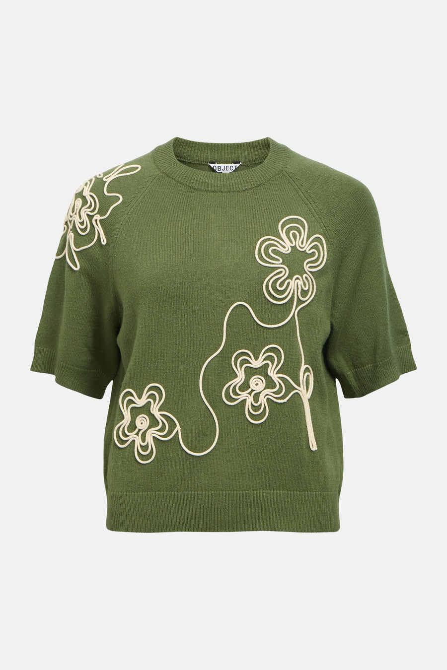 Groene ronde hals trui met witte bloemen borduurwerk van OBJECT, korte mouwen, voorzijde weergave