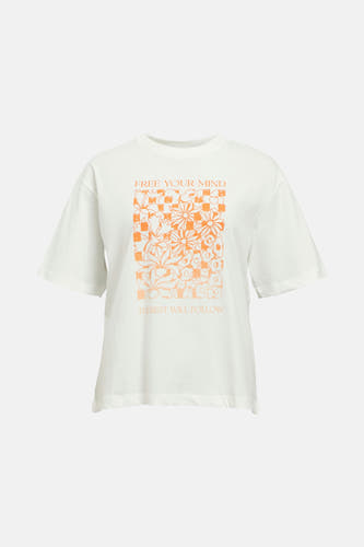 Wit T-shirt met korte mouwen van OBJECT, met oranje bloemen en dambord patroon en de tekst 'Free your mind, the rest will follow'.
