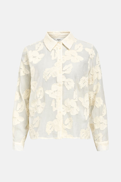 Ecru hemd met lange mouwen van OBJECT, met geborduurde bloemmotieven over de hele blouse.