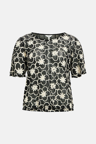 T-shirt noir à manches courtes d'OBJECT, avec un motif de fleurs écru frappant.