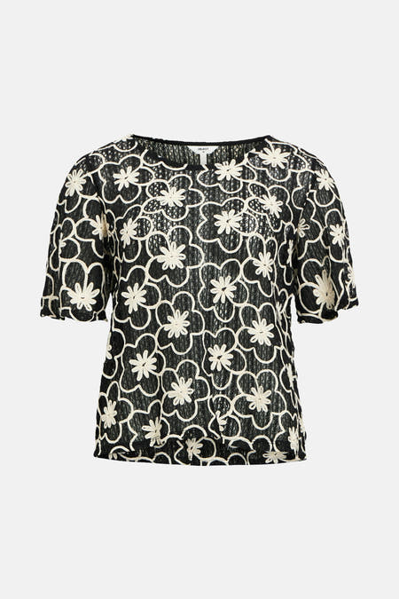 Zwart T-shirt met korte mouwen van OBJECT, met een opvallend bloemenpatroon in ecru.