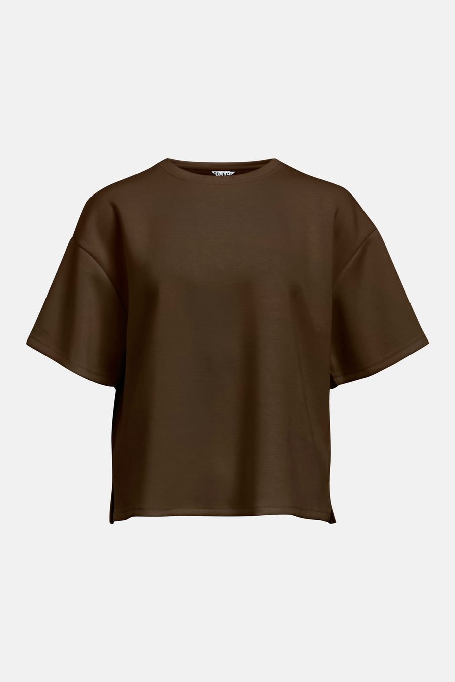 Bruine oversized sweater van OBJECT, ronde hals, korte mouwen, gladde stof, front view