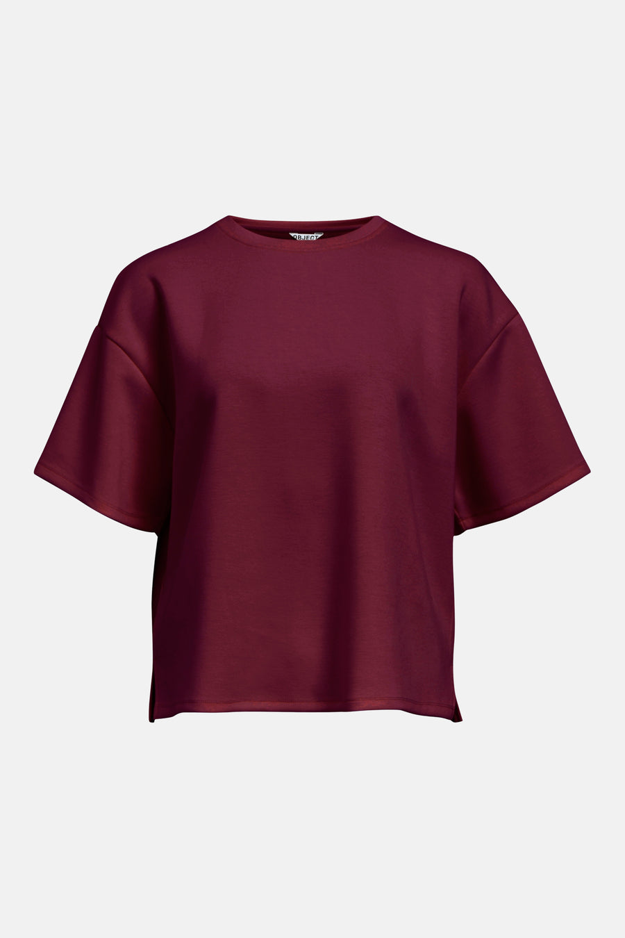 Bordeaux sweater met korte mouwen en ronde hals van OBJECT, eenvoudig en comfortabel design, front view