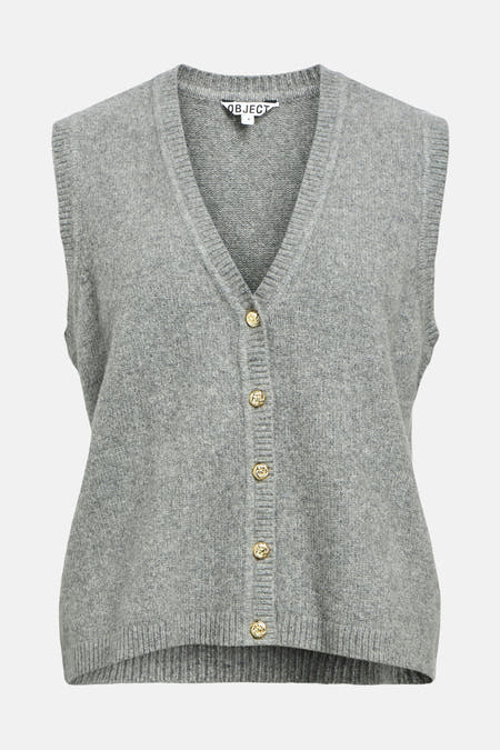 Grijs gilet van OBJECT, met V-hals en goudkleurige knopen.