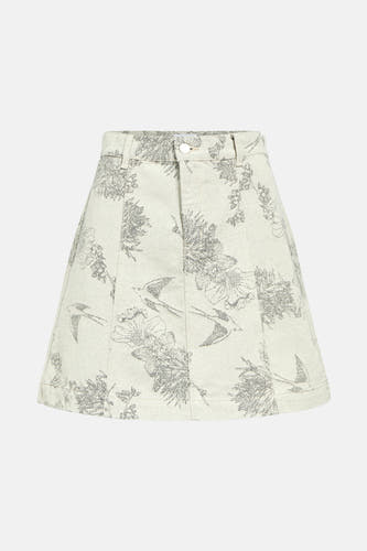 Robe courte écru d'OBJECT, avec un motif de fleurs et d'oiseaux.