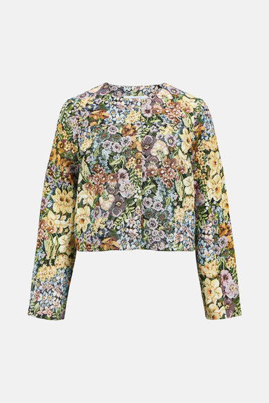 Multikleurige korte jas van OBJECT, met een all-over bloemenpatroon in geel, blauw en paars.
