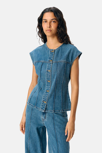 Blouse en denim d'OBJECT, en bleu moyen, avec des boutons et des détails de style.