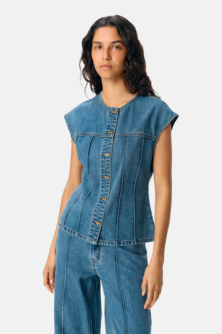 Blouse en denim d'OBJECT, en bleu moyen, avec des boutons et des détails de style.