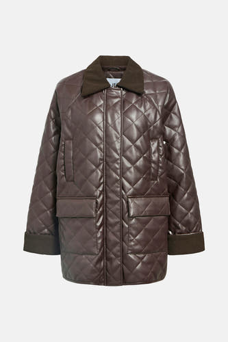 Manteau court brun d'OBJECT, avec un motif à carreaux, une col en tricot côtelé et des poches brodées.