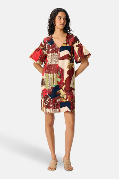 Multikleurige jurk met korte mouwen van OBJECT, met een opvallend patchwork-patroon en een losse pasvorm.
