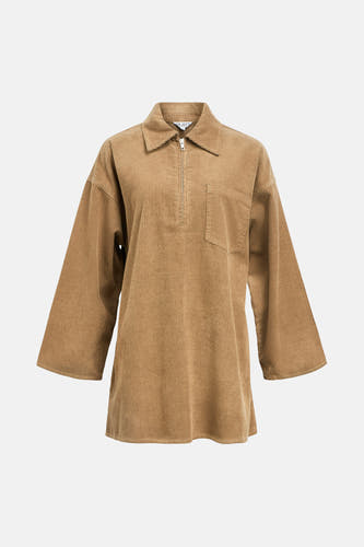 Manteau beige à longues manches d'OBJECT, avec texture corduroy, poche sur la poitrine et fermeture éclair.