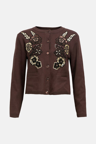 Veste brune d'OBJECT avec des applications de fleurs et une fermeture à boutons.