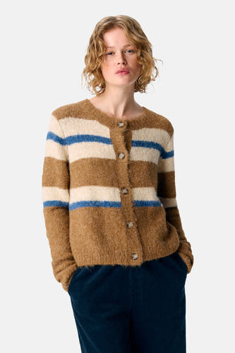 Multikleurig gilet van OBJECT, met bruine, beige en blauwe horizontale strepen en knoopsluiting.
