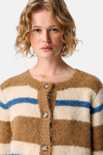 Multikleurig gilet van OBJECT, met een gestreept patroon in bruin, wit en blauw, en knoopsluiting.
