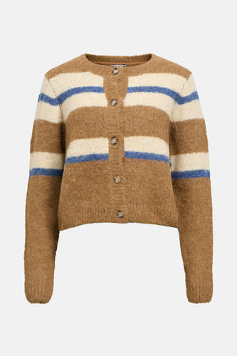 Multikleurig gilet van OBJECT, met grove breistructuur en bruine, beige en blauwe strepen.