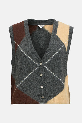 Grijs gilet van OBJECT, met een ruitpatroon in bruin en beige, en knoopsluiting.
