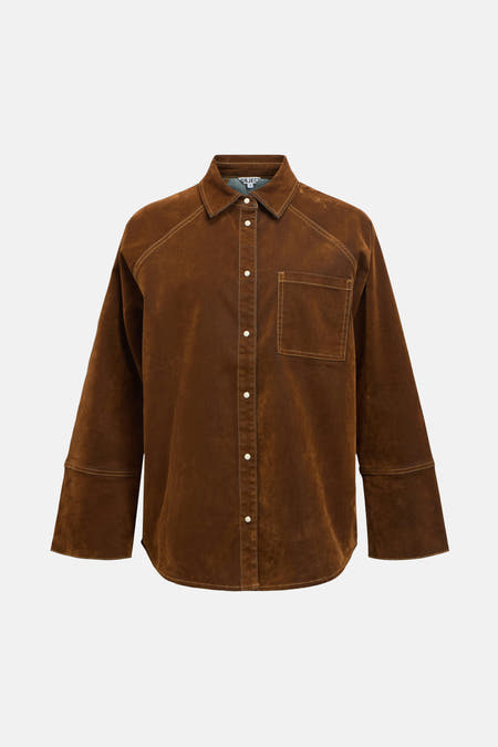 Chemise en corduroy marron à longues manches d'OBJECT, avec des coutures blanches et une poche po.